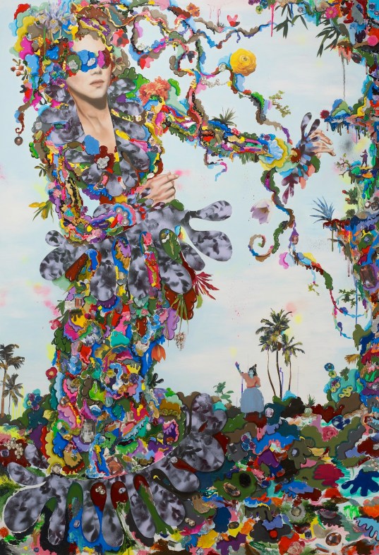 Alicia Paz, La Géante, 2010, Oil, acrylic and collage on canvas, 190 x 130 cm, Courtesy Galerie Dukan